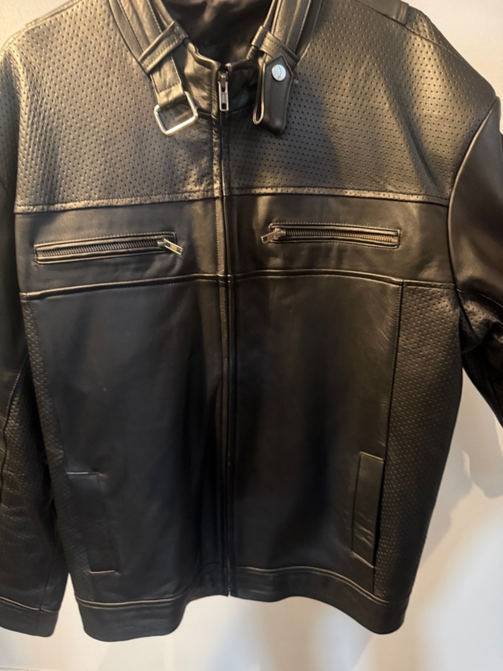 Men's Black Perforated Leather Bomber Jacket with Buckle Collar. - Picture 7 of 7